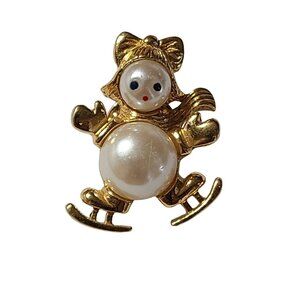 Vintage Gold Tone Ice Skating Girl Snowman Brooch Pin With Faux Pearl Accents